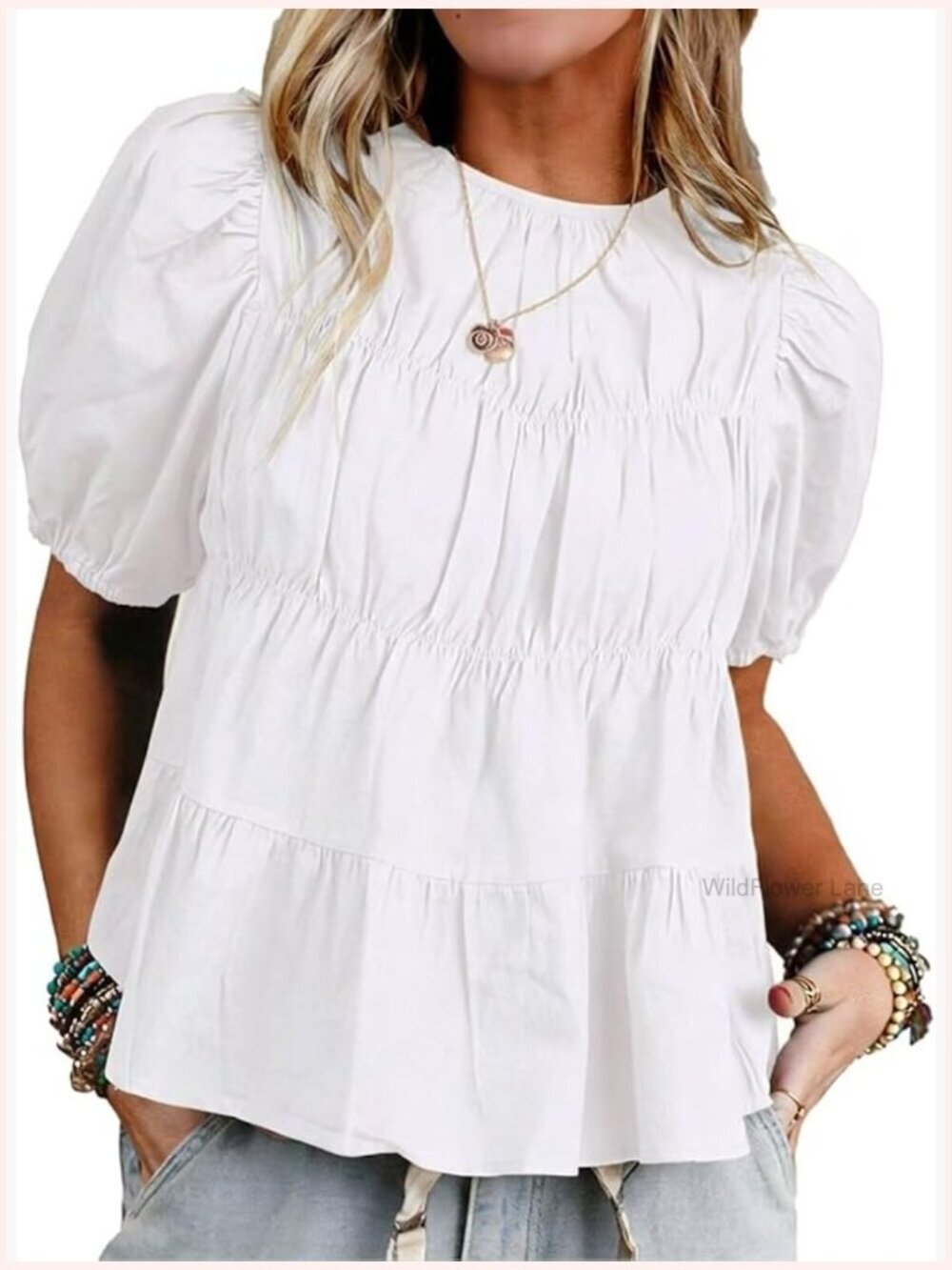 Flowy Babydoll Top with Puff Sleeve Peplum Blouse Dressy Casual Boho Smocked
